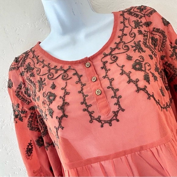 FREE PEOPLE Pennies Sequel Semi-Sheer Rust Embroidered Boho Peasant Blouse XS - Picture 7 of 11